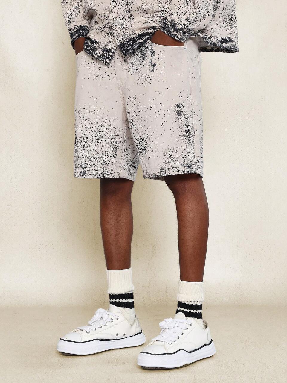SUMWON Ensemble de 2 pièces avec chemise en denim de twill imprimé surdimensionné et short avec détail de poche déchirée