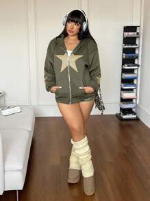 SHEIN EZwear Áo khoác nỉ dài tay có khóa kéo, họa tiết ngôi sao, vai rớt, dành cho nữ cỡ lớn, mùa thu đông. - xanh quân đội - Xem 5
