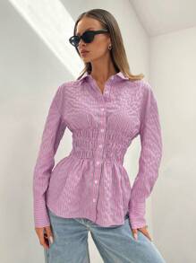 SHEIN Essnce Chemises manches longues femme automne 2024, chemises femme rayées roses, chemises femme boutonnées affinantes à la taille, chemises femme col v manches longues, casual de rue de vestes ajustées - Rose bonbon - Voir 4