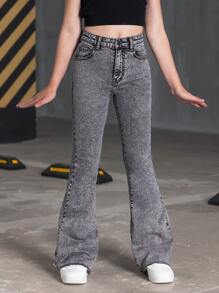 SHEIN Tween Girl Fashionable Casual Washed Denim Flare Pants - Dark Grey - View 7