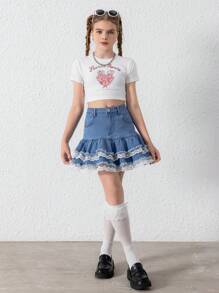 Váy denim cho bé gái tuổi teen có ren, thiết kế mềm mại dễ thương có lót, phong cách giản dị và thời trang mới - Rửa trung bình - Xem 5