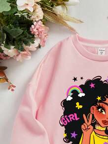 SHEIN Tween Girl Casual Pattern Long Sleeve Crewneck Thick Sweatshirt, Suitable For Autumn And Winter - Baby Pink - View 3