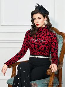 Marilyn Monroe X SHEIN Women's Letter And Lip Pattern Turtleneck Fitted Sweater - Burgundy - View 8