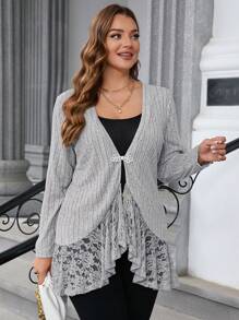 SHEIN Clasi Plus Size Solid Color Lace Patchwork Front Button Long Sleeve Casual T-Shirt Elegant Woman Clothing