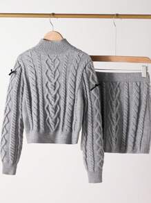 青少年女孩蝴蝶结装饰长袖毛衣和针织裙休闲装，秋冬季 - 灰色 - 查看 2