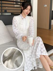 DAZY Women's Lace-Up Long Dress With Thermal Lining, Fall, Winter Wedding Women Dresses Fleece Lined