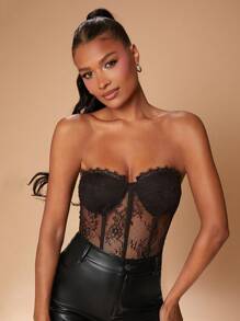 Hauture Women's Solid Color Lace Patchwork Sheer Bandeau Bodysuit