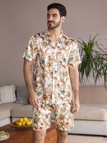 Manfinity ChillVibe 2pcs Men's All-Over Print Button Front Short Sleeve Top And Shorts Pajama Set