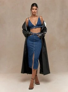 MISSGUIDED Denim Triangle Cami Bra Top And Front Slit Midi Skirt With Belt Co-Ord Set - Blue - View 4