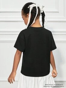 Marilyn Monroe X SHEIN Young Girl 1pc Black Casual Versatile English Letter & Figure Print Crew Neck Short Sleeve T-Shirt