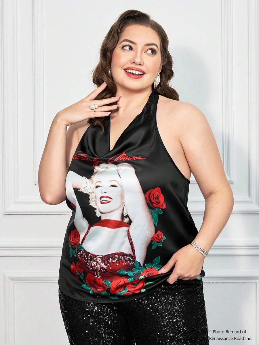 Marilyn Monroe X SHEIN Parte superior sin mangas con cuello de halter con estampado floral y de figuras para mujer de talla grande, verano - Negro - Ver 1