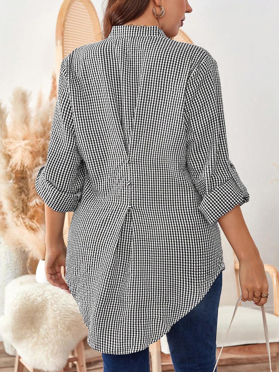 SHEIN LUNE 大码V领长袖纽扣装饰休闲衬衫女式上衣纽扣女式衬衫格子女式衬衫秋季商务休闲女式工作衬衫商务衬衫假日 - 黑與白 - 查看 1