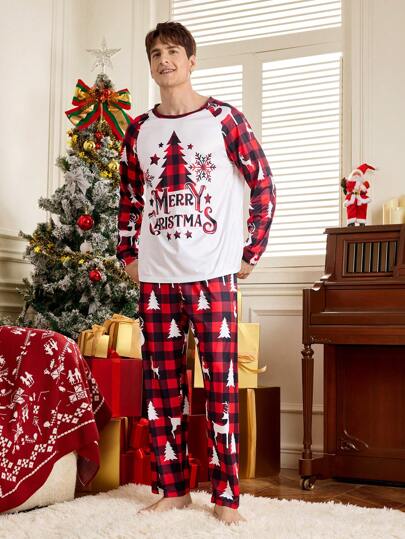 Happy Jammies Conjunto de pijama navideño de top de cuello redondo y pantalones para hombres, ropa de otoño e invierno