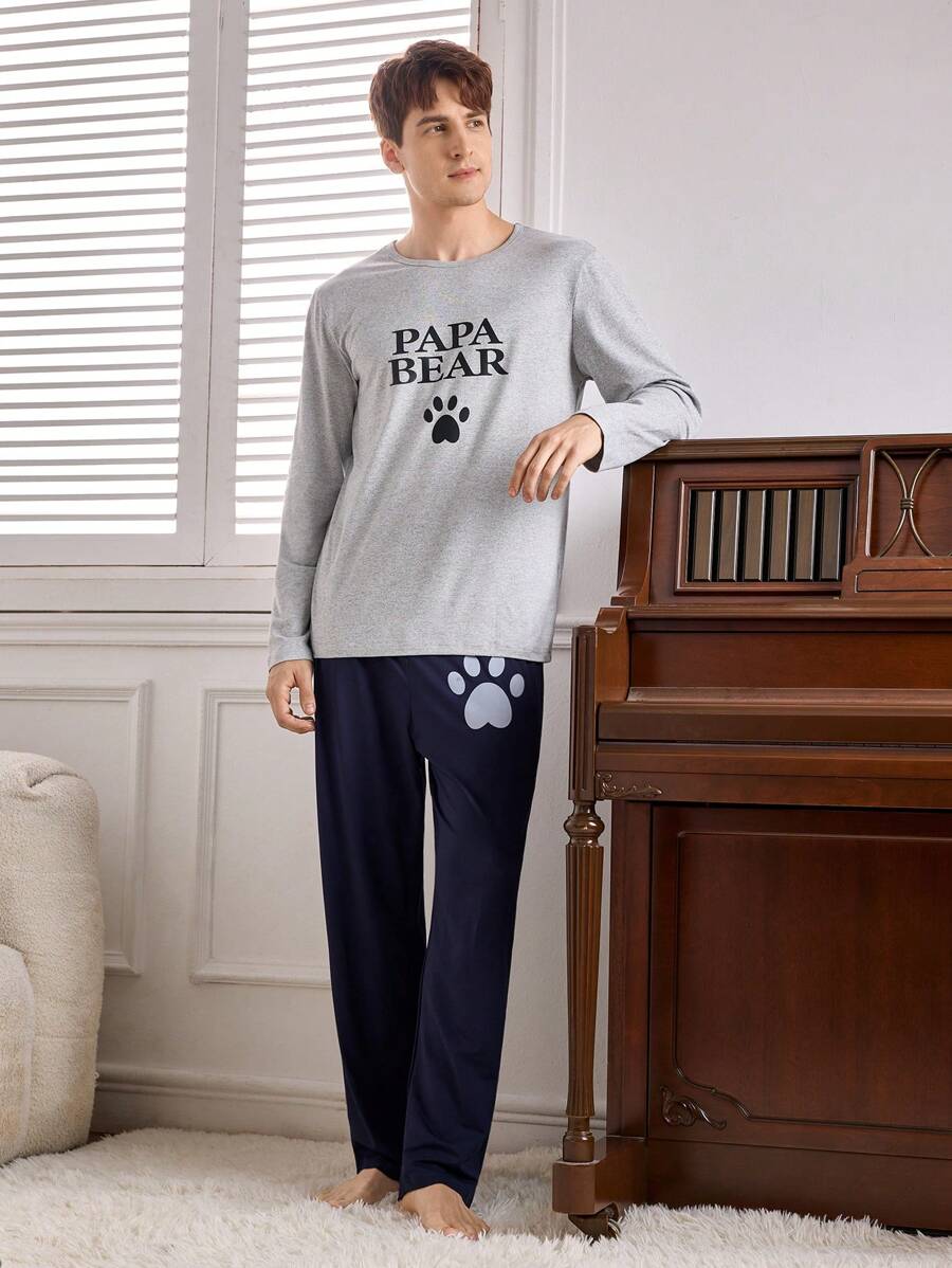 2pcs Men Letter Print Crew Neck Long Sleeve Top And Pants Loungewear Set - Light Grey - View 1