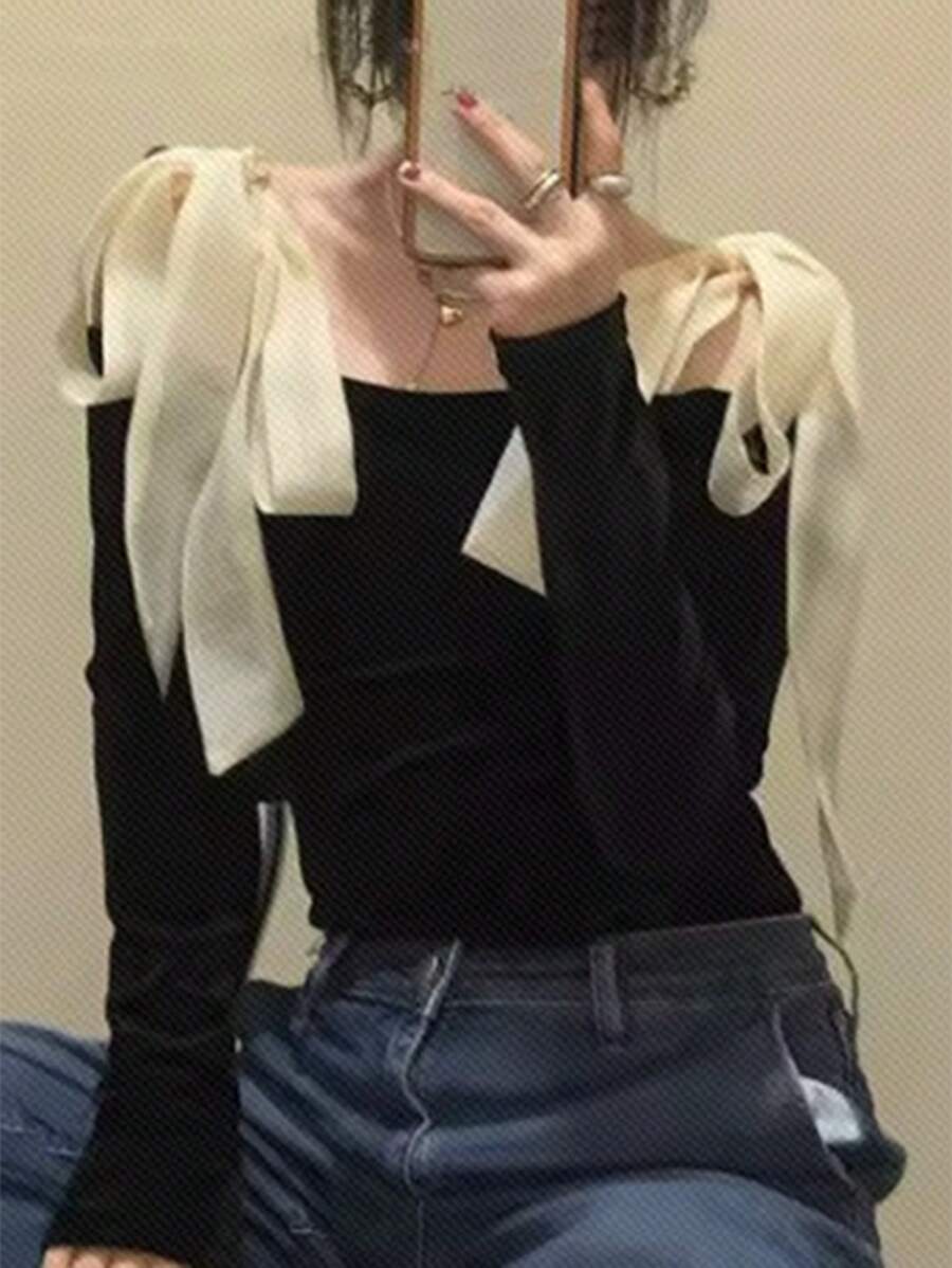 DAZY Áo thun nữ tay dài hở vai màu sắc mùa thu thắt nút thời trang thường ngày - màu đen - Xem 1