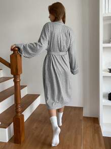 DAZY Casual Loose Plaid Bathrobe Pajama - Grey - View 2