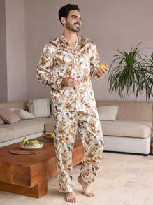 Manfinity ChillVibe 2pcs Men's All-Over Print Button Front Long Sleeve Top And Pants Pajama Set - Multicolor - View 5