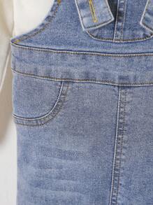 Peto vaquero elástico para bebé niña, pantalones de peto casual, suave ropa de calle con tirantes, liviano para todas las estaciones - Azul lavado medio - Ver 6