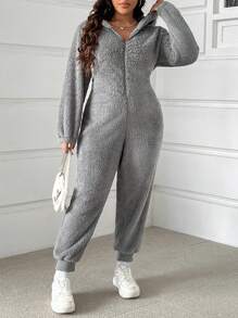 SHEIN EZwear Plus Size Hooded Fleece Jumpsuit, Autumn & Winter