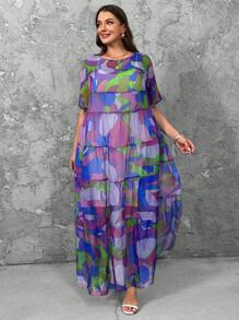 SHEIN LUNE 大码圆领短袖荷叶边下摆印花优雅连衣裙 - 紫色 - 查看 4