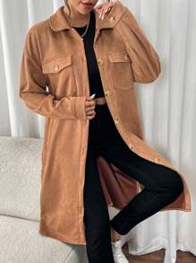 SHEIN Privé Elegant Casual Khaki Faux Suede Drop Shoulder Hooded Coat For Fall Winter - Khaki - View 6