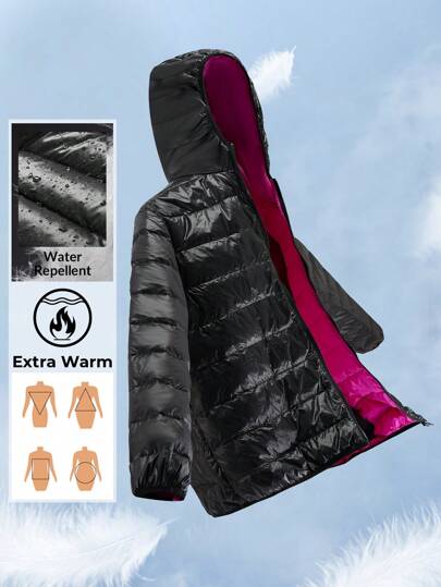 SHEIN LUNE 2-i-1 vändbara huva dun & fjädrar kappor med fickor, Plus Size