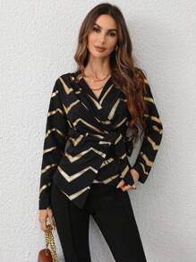 SHEIN Privé Camisa de Manga Longa Preta com Detalhe de Folha de Ouro e Amarração Frontal para Mulheres - Preto - Visão 6