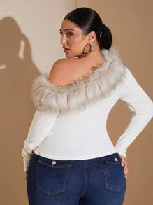 SHEIN BAE 大码女式毛茸茸拼布不对称肩长袖休闲衬衫，适合冬季 - 白色 - 查看 2