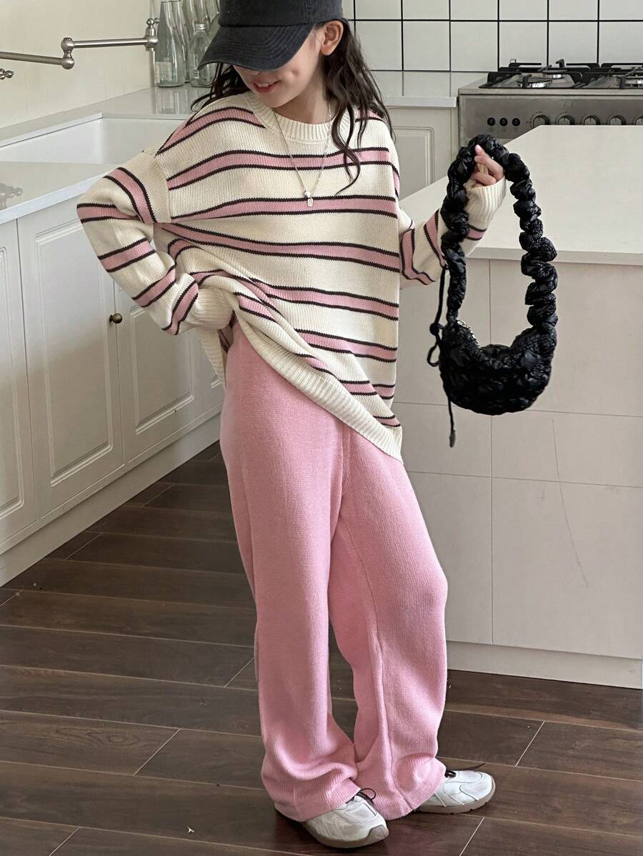 Dazy Kids Tween Girl Striped Crewneck Sweater Set, Fall Clothing - Pink - View 1