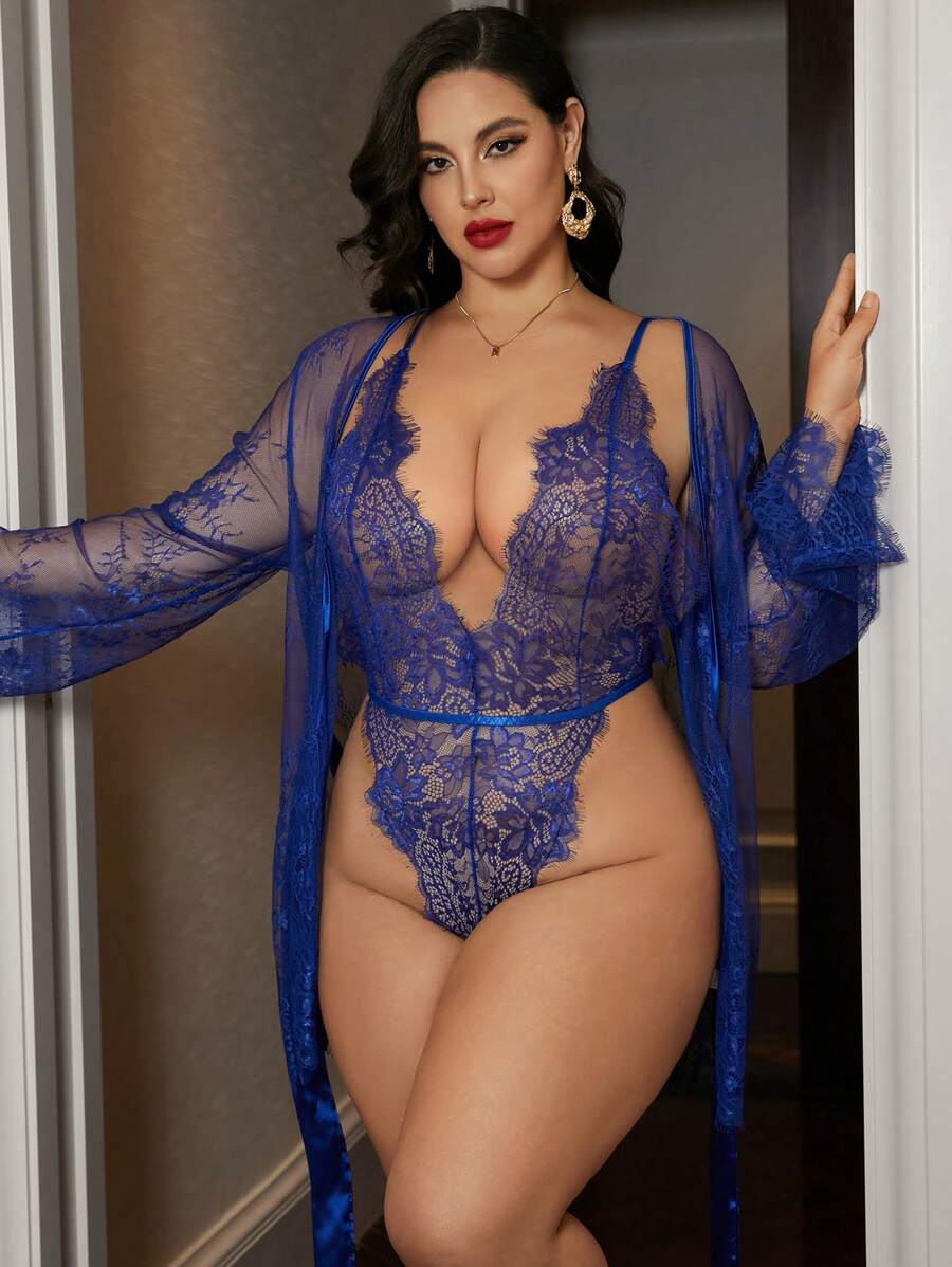 Charlaine Plus Size Nữ Thời trang Đồ lót ren trơn gợi cảm - Màu xanh lam - Xem 1