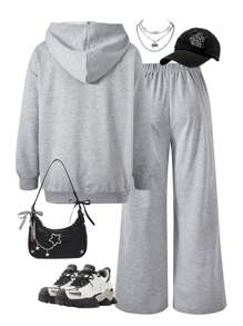 SHEIN 2pcs/Set Teen Girls Comfortable Casual Hooded Zip-Up Sweatshirt And Loose Pants Outfit - Grey - View 2