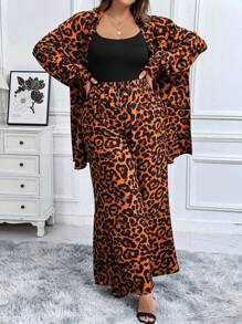 SHEIN Clasi Plus Size Women's Printed Round Neck Batwing Top And Solid Color Straight Pants Pocket Set - Mocha Brown - View 4