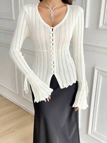 Modelyn Damen einfarbigerV-Ausschnitt Knopfkardigan mit Langarm