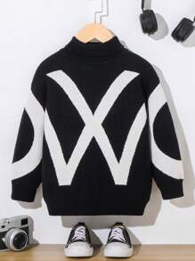 一件男童休闲落肩字母印花高领毛衣，适合返校、生日派对、正式场合、婚礼、洗礼、日常穿着以及秋冬季穿着。 - 黑色 - 查看 1