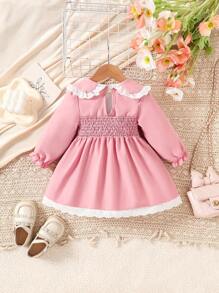 SHEIN Baby Girl Solid Color Patchwork Long Sleeve 3D Floral Decor Dress - Pink - View 2
