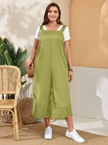 EMERY ROSE Plus Size Women's Black Overalls With Adjustable Straps, Button Closure And Pockets On Split Legs For Spring