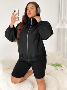 SHEIN EZwear Chaqueta casual con cremallera de unicolor talla grande