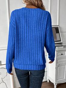 Lymera Women's Blue Solid V-Neck Drop Shoulder Long Sleeve Loose Casual Sweatshirt, Autumn/Winter,Long Sleeve Tops Graduation,Back To School Outfits,Graduation,Teacher Outfits For Women,Back To School Pullover Fall Outfit - Blue - View 2