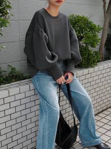 FRIFUL Áo nỉ chui đầu dáng rộng thoải mái cho nữ mùa thu/đông, lót nhiệt - Màu xám đen - Xem 6