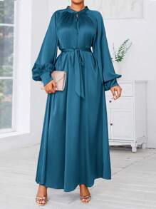 SHEIN Lady 大码女士优雅蓝色通勤连衣裙，秋季长款正式晚礼服秋季女士服装秋季连衣裙外出服装舞会礼服演唱会女士服装 - 水鴨藍 - 查看 4