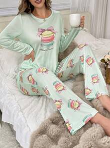 Hand-Painted Macaron Pattern Long Sleeve Top & Pants Pajama Set, Fall Clothes - Mint Green - View 6