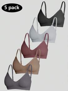 5 件/套女士纯色罗纹休闲无缝胸罩 - 彩色 - 查看 7