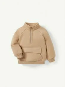 Cozy Pixies 2pcs Baby Boy's Stand Collar Raglan Sleeve Pouch Front Solid Color Sweatshirt & Pants Set - Khaki - View 9