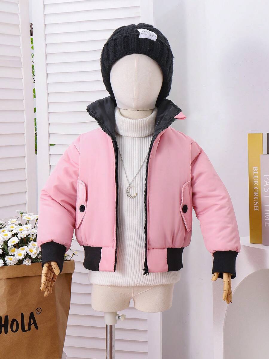 SHEIN Winter Pink Zipper Detachable Collar Pocket Warm Girl Short Windbreaker Fashionable Children Jacket - Pink - View 1