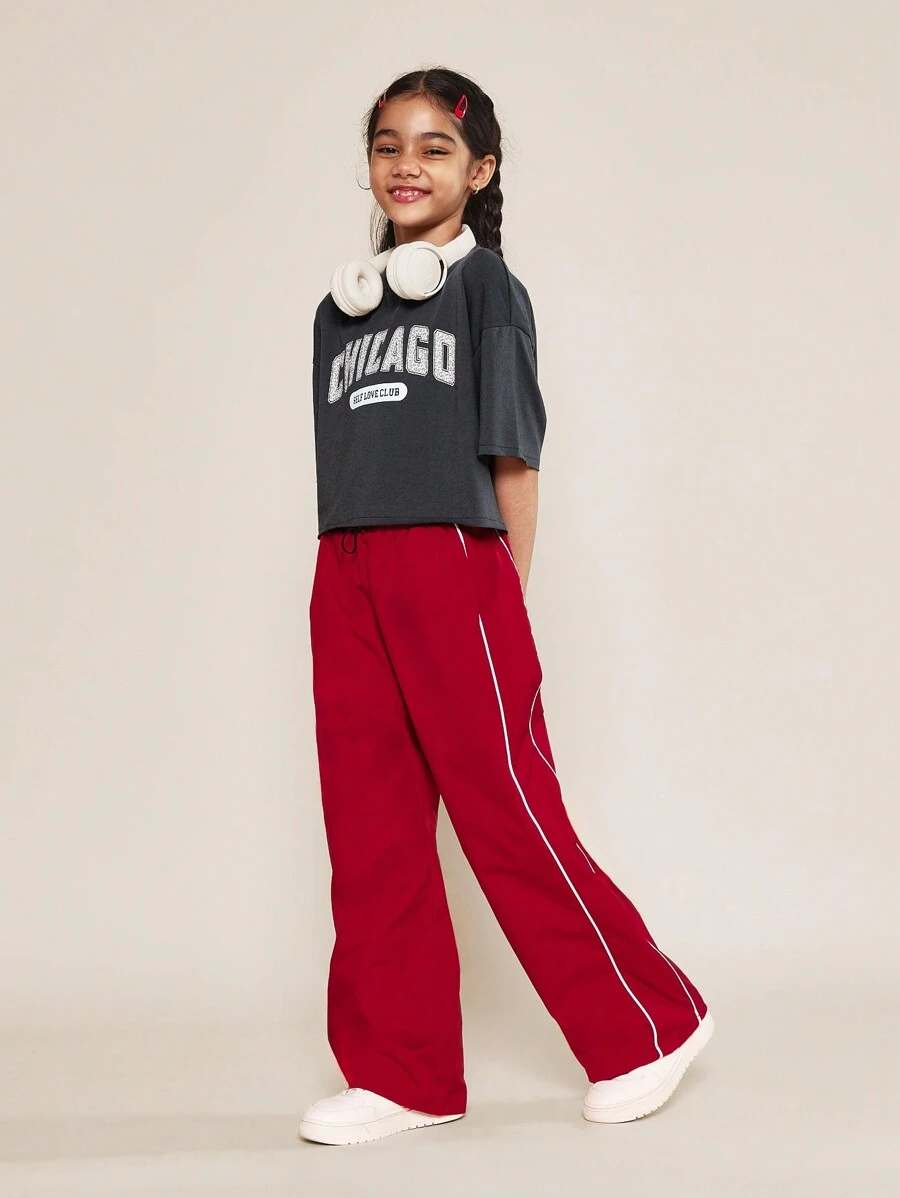 SUMWON Tween Girls Crop Fit Tee With Chicago Graphic Print And Nylon Red Pant With Piping Detail 2 Piece Set - Red - View 1