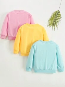 SHEIN 3 件套年轻女孩可爱图案印花圆领运动衫，粉色、黄色和蓝色，非常适合日常休闲穿着 - 彩色 - 查看 2
