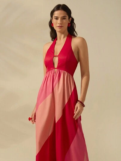 CAJUNI Tuta larga con spalline a canotta e taglio hollowed-out, stampa colorata stile boho, per vacanze e casual estivo in spiaggia