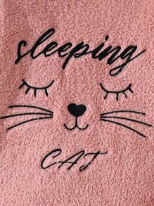 Tween Girl 粉色简约毛绒动物猫图案刺绣长袖上衣和裤子睡衣套装，舒适温暖的家居服