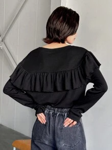 FRIFUL 女款純色圓領長袖休閒拼接荷葉邊校園風T恤 - 黑色 - 查看 2