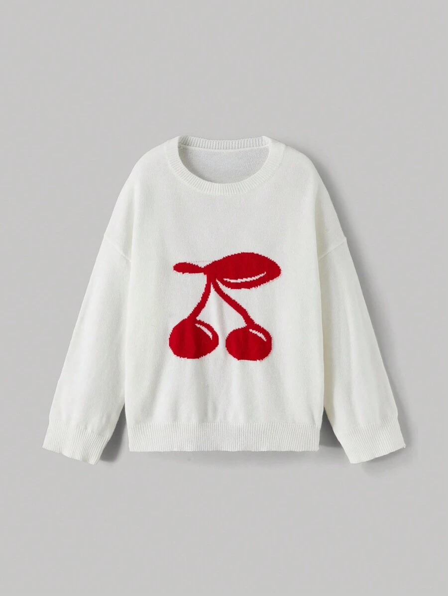 SHEIN MOD 大码可爱舒适温暖樱桃水果图案针织毛衣、圣诞毛衣、红色毛衣 - 米色 - 查看 1